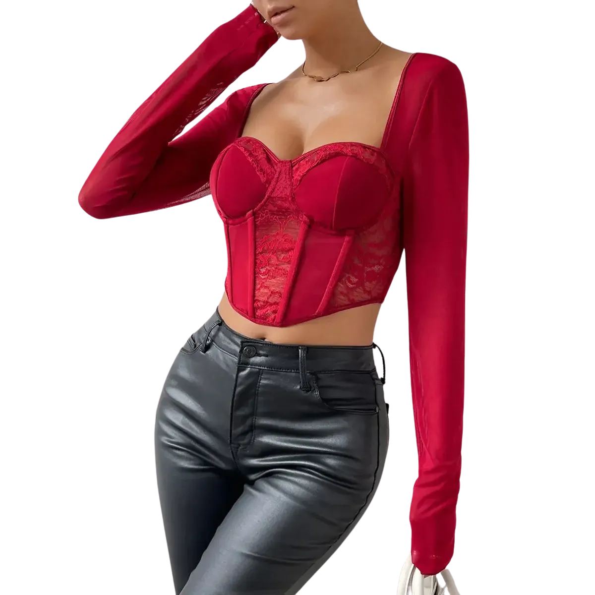 Blusa Manga Longa Feminina Rendare Vinho com Detalhes em Renda