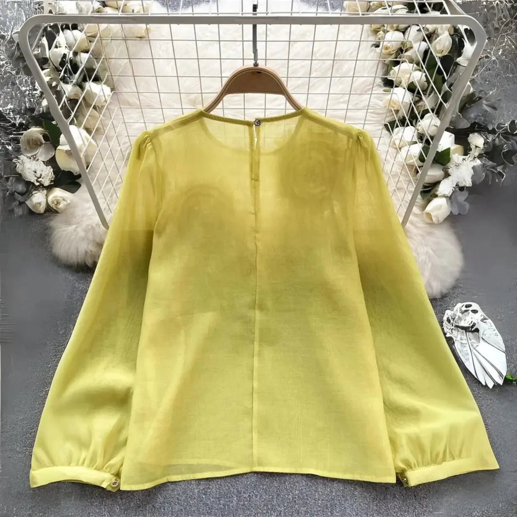 Blusa-Feminina-Manga-Longa-com-Flores-Elegantes-Amarela-4