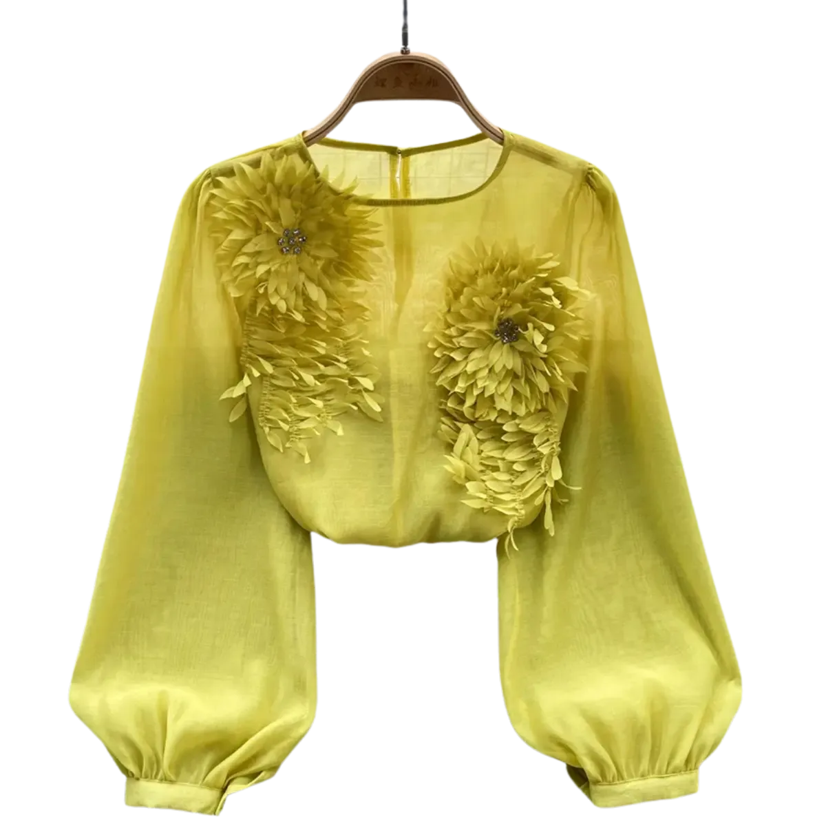 Blusa-Feminina-Manga-Longa-com-Flores-Elegantes-Amarela