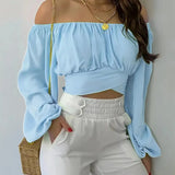 Blusa Manga Longa Feminina Básica Auriah Azul Celeste Ombro a Ombro