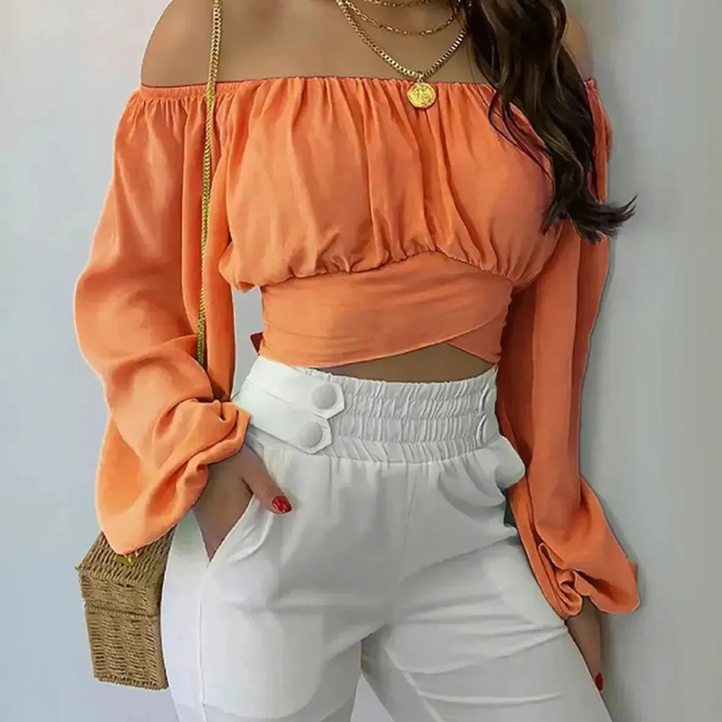 Blusa Manga Longa Feminina Básica Auriah Laranja Ombro a Ombro