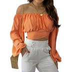Blusa Manga Longa Feminina Básica Auriah Laranja Ombro a Ombro