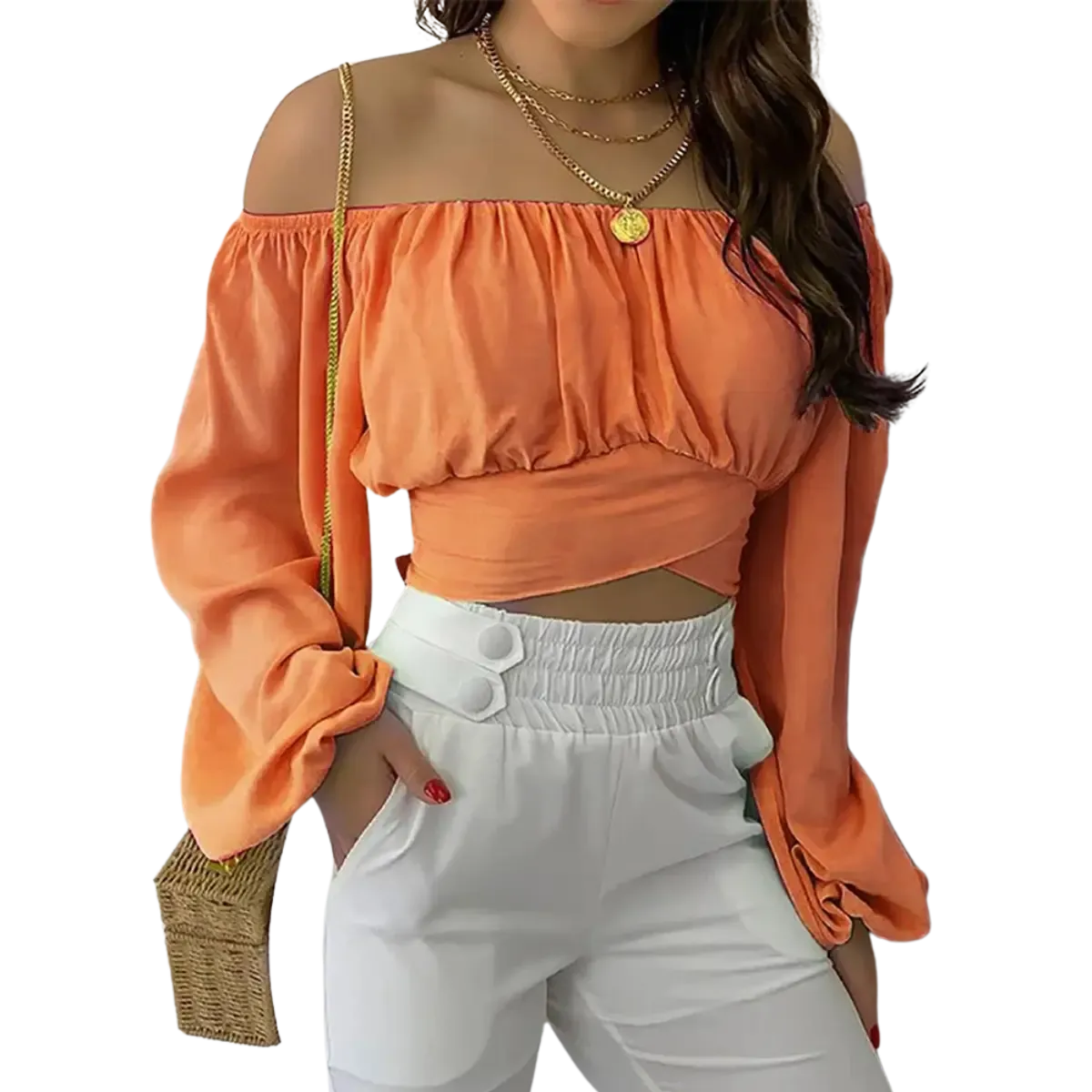 Blusa Manga Longa Feminina Básica Auriah Laranja Ombro a Ombro
