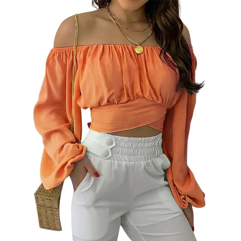Blusa Manga Longa Feminina Básica Auriah Laranja Ombro a Ombro
