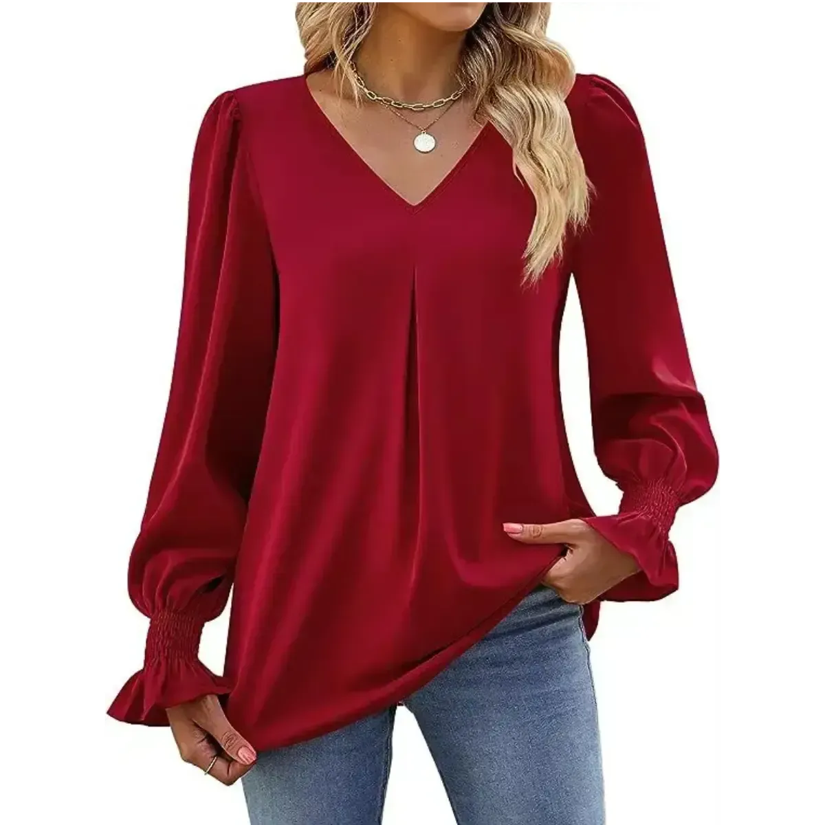 Blusa-Manga-Longa-Feminina-Estilo-Social-Vermelha