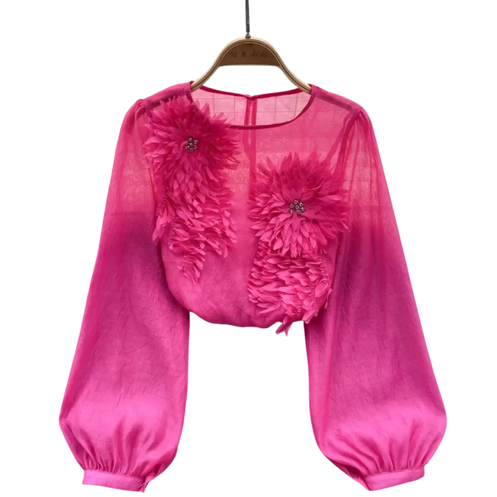 Blusa-Manga-Longa-Feminina-Floral-para-Eventos-Rosa-Choque