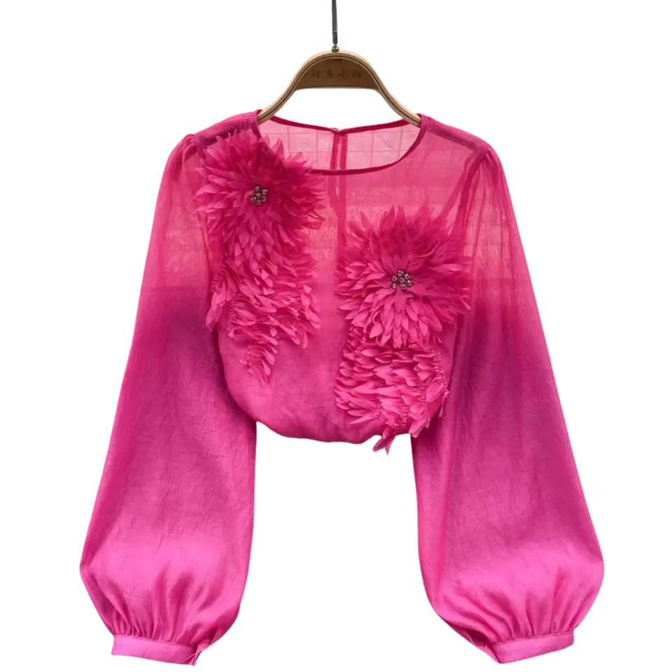 Blusa-Manga-Longa-Feminina-Floral-para-Eventos-Rosa-Choque