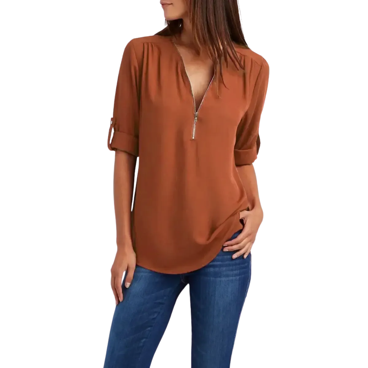 Blusa-Manga-Longa-Feminina-Marrom-alaranjado-com-Ziper