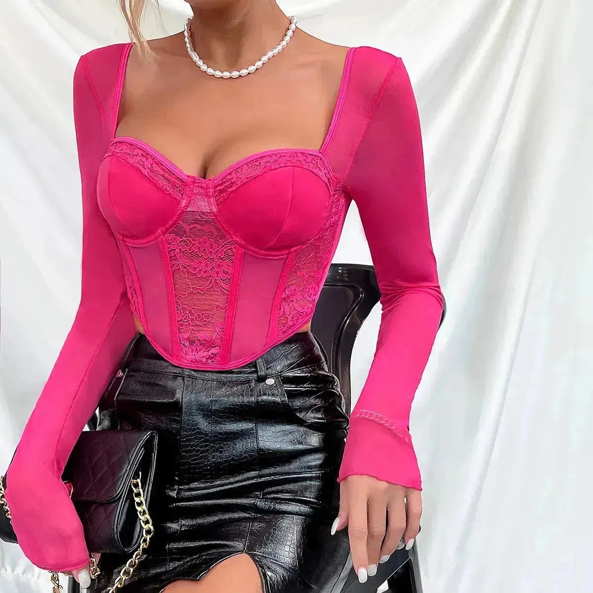 Blusa Manga Longa Feminina Rendare Rosa Chic com Renda
