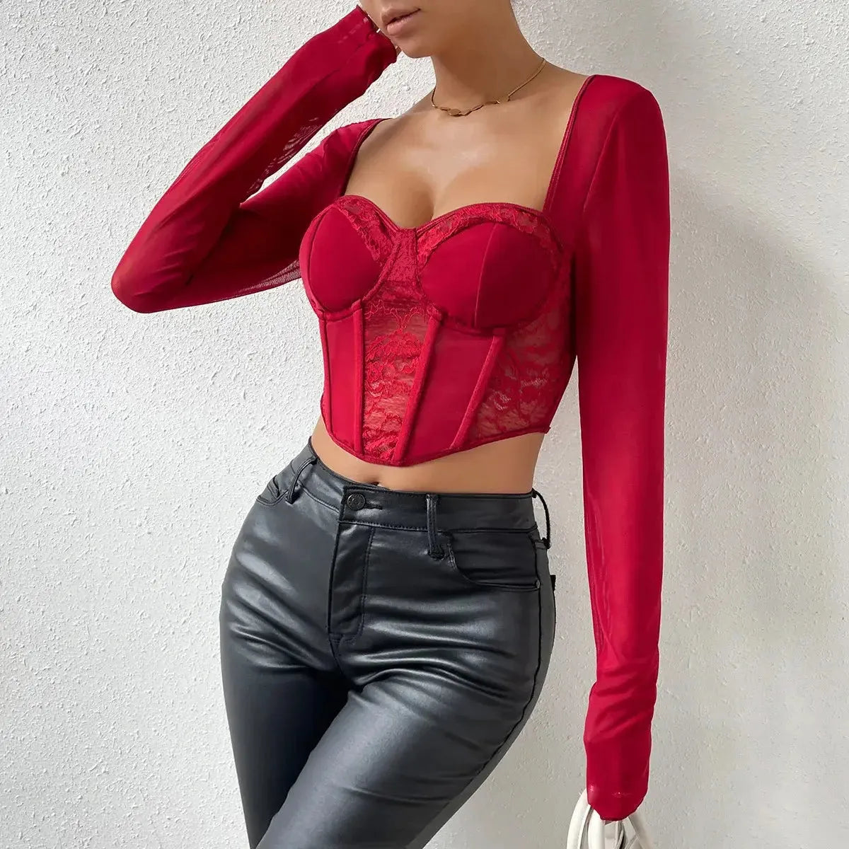 Blusa Manga Longa Feminina Rendare Vinho com Detalhes em Renda