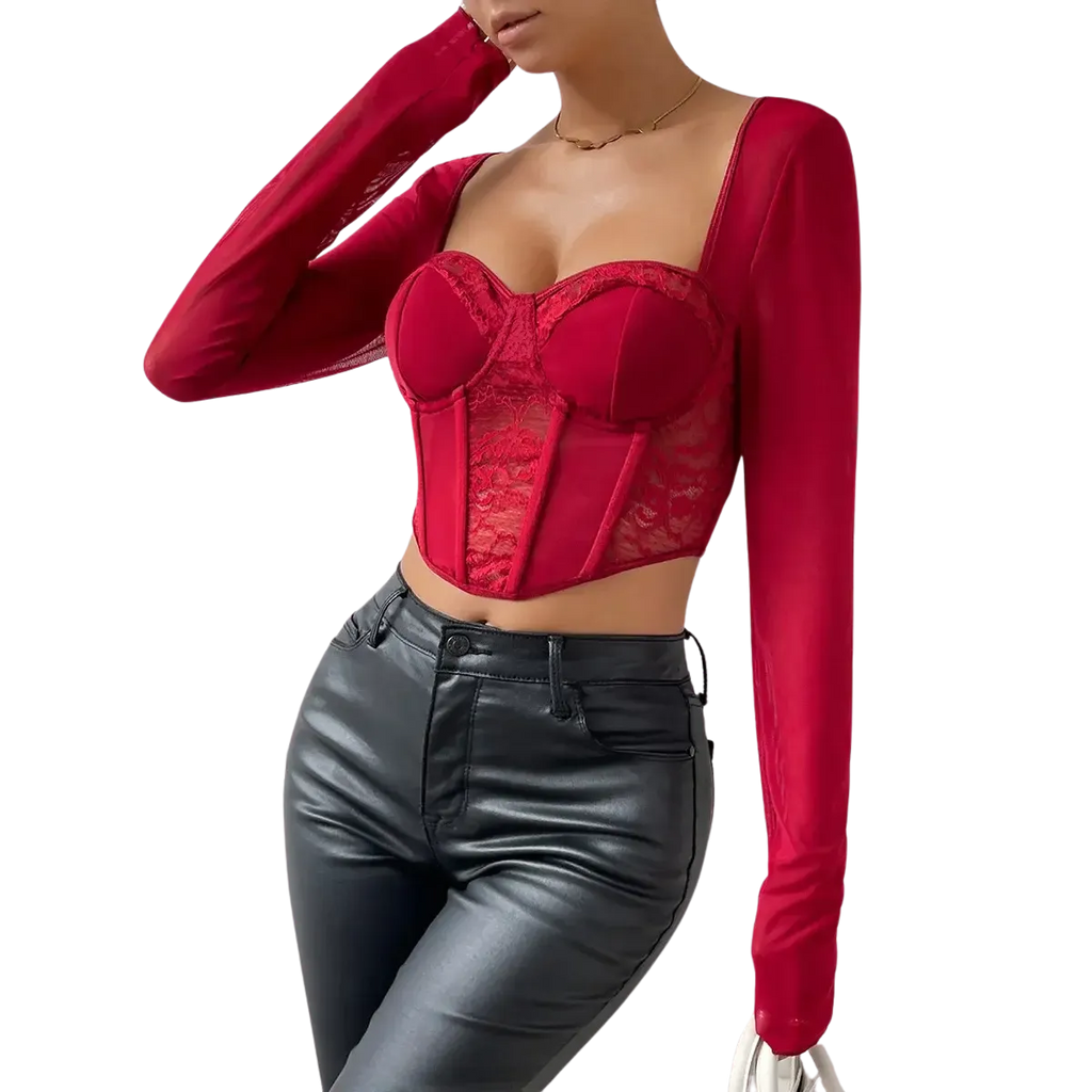 Blusa Manga Longa Feminina Rendare Vinho com Detalhes em Renda