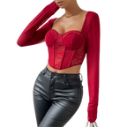 Blusa Manga Longa Feminina Rendare Vinho com Detalhes em Renda