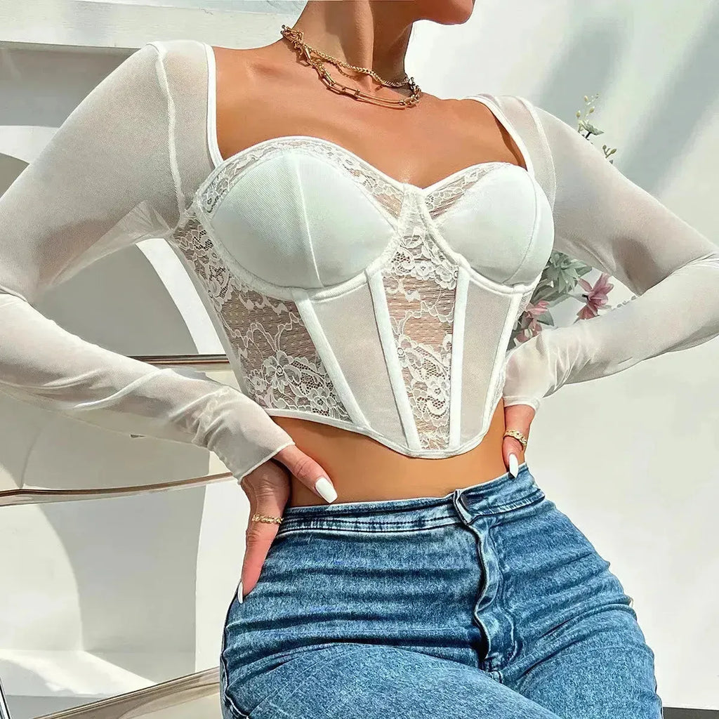 Blusa Manga Longa Feminina Rendare Branca em Renda