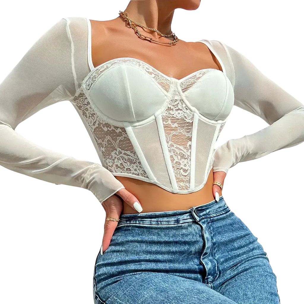 Blusa Manga Longa Feminina Rendare Branca em Renda
