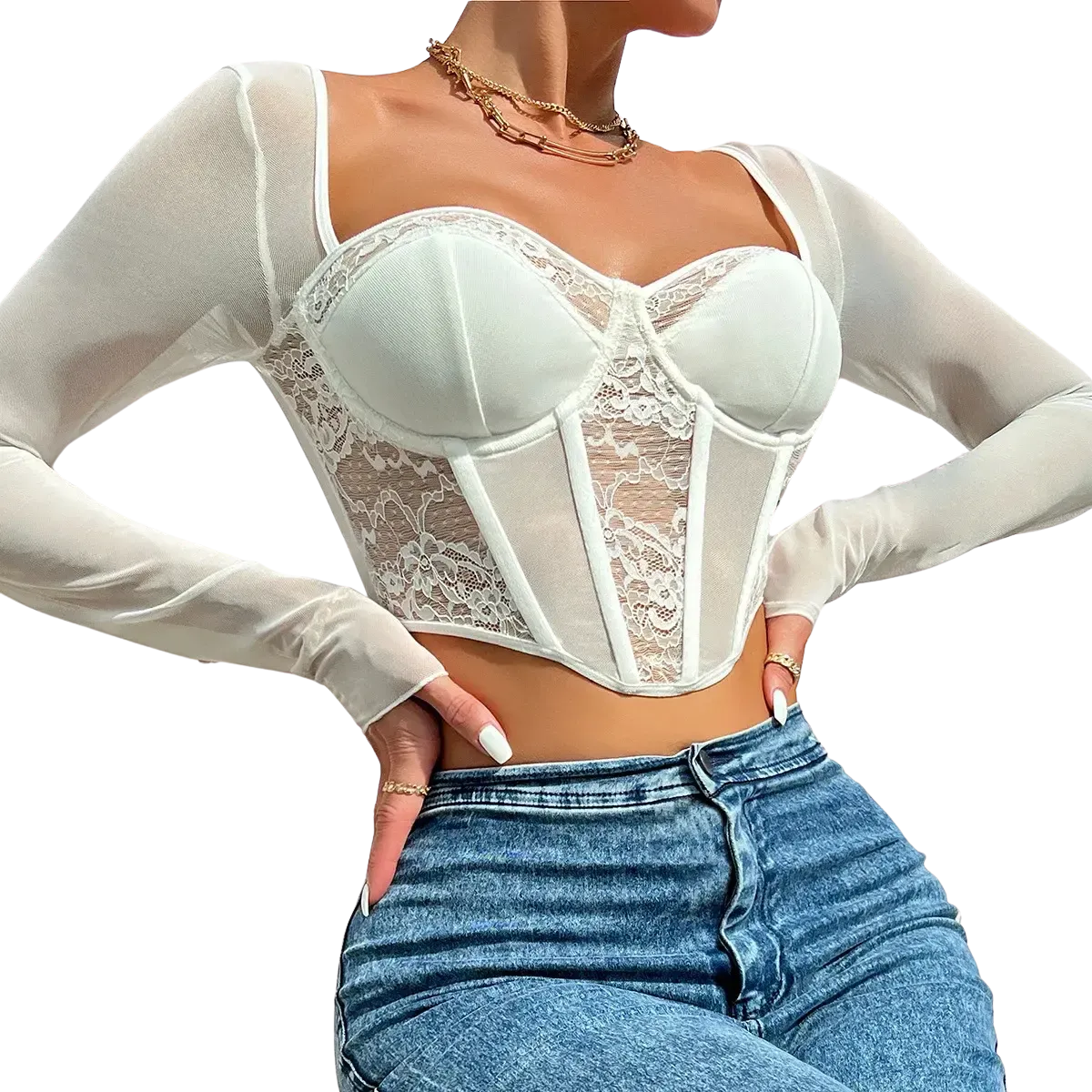 Blusa Manga Longa Feminina Rendare Branca em Renda