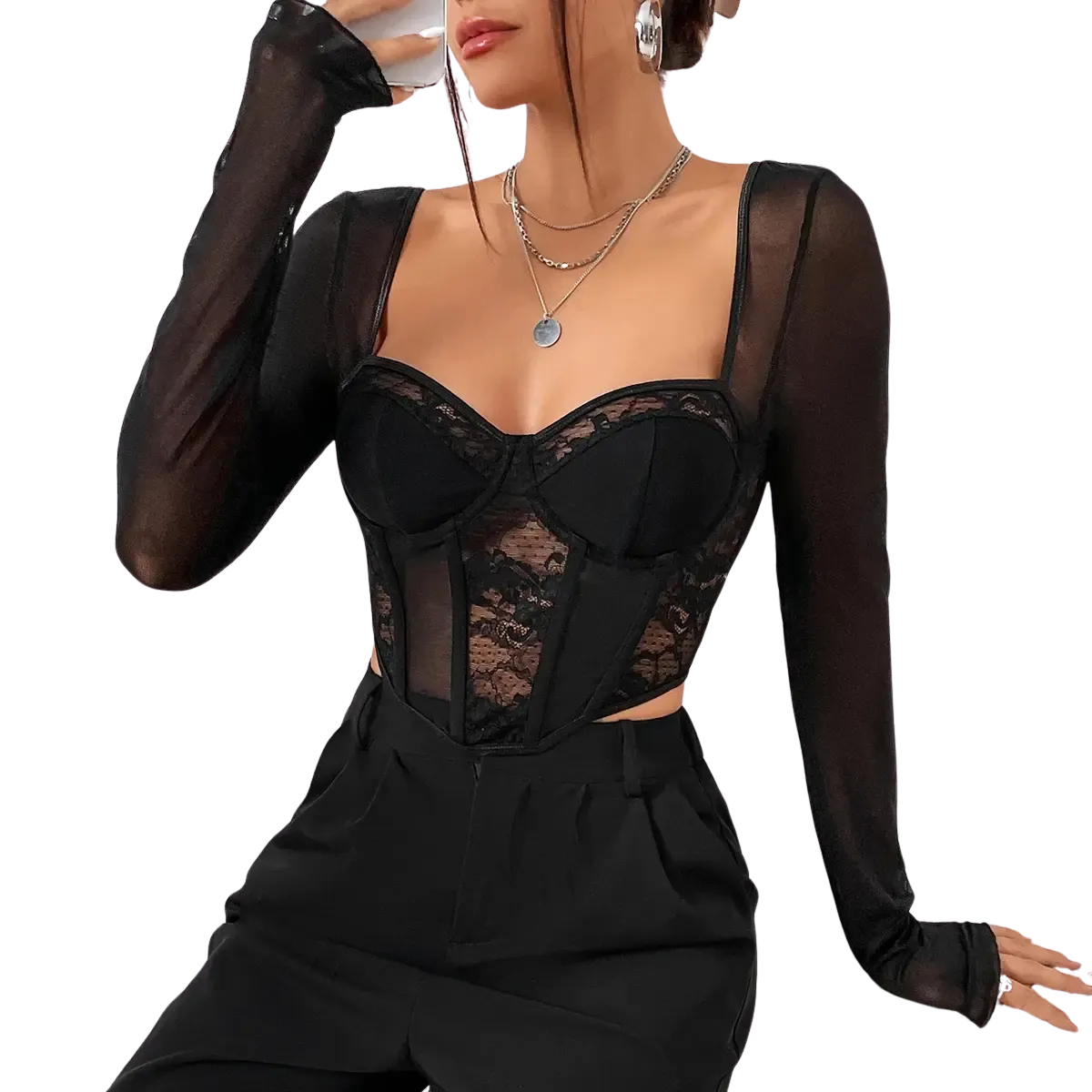 Blusa-Manga-longa-Feminina-Social-em-Renda-Preta