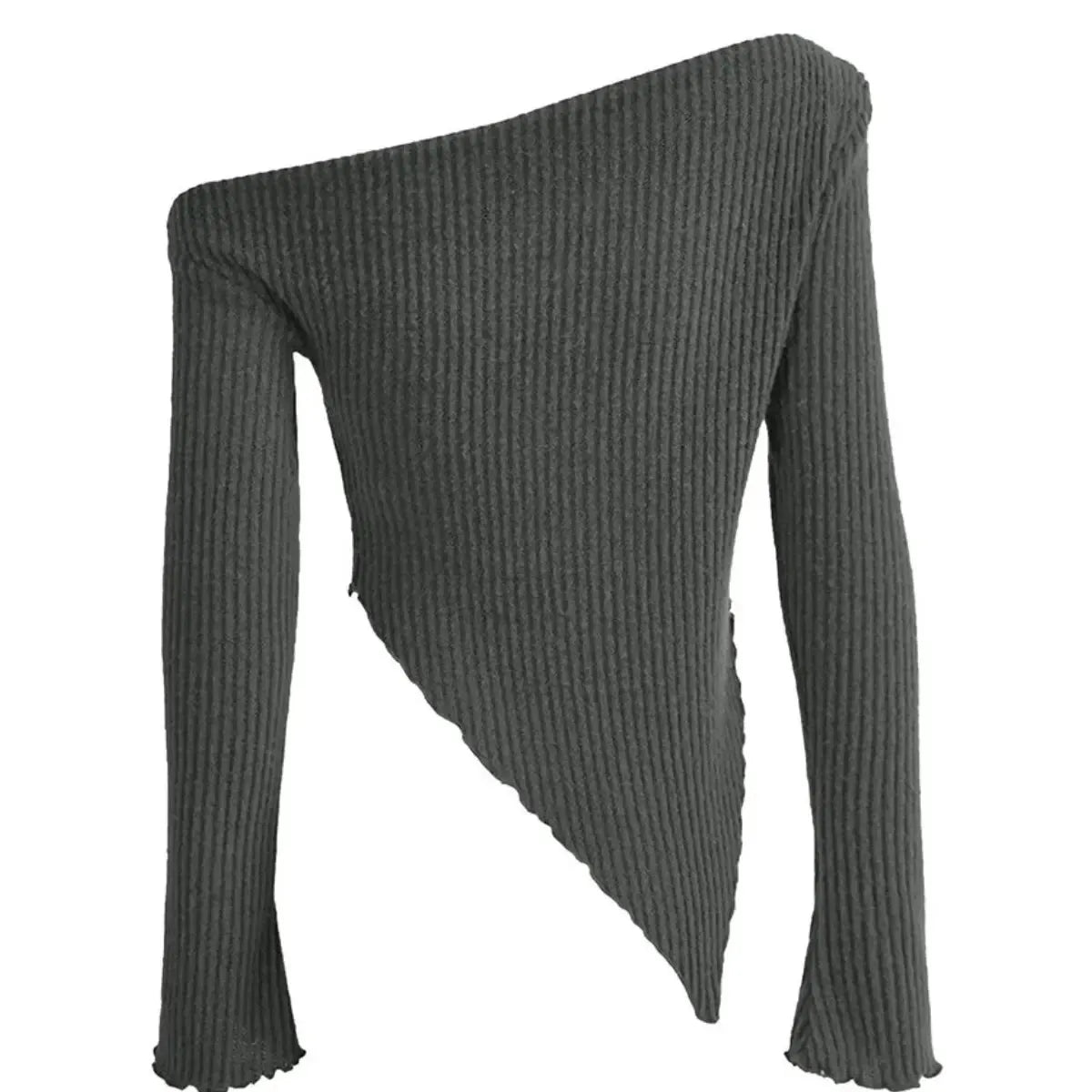 Blusa Manga Longa Feminina Cinza Ribana Off-Shoulder Assimétrica