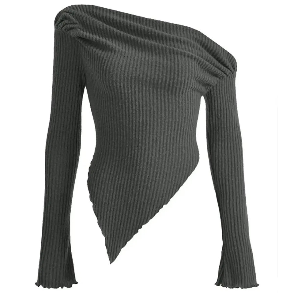 Blusa Manga Longa Feminina Cinza Ribana Off-Shoulder Assimétrica